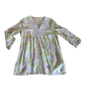 Charter Club Luxury Linen Tunic Top Size L Chartreuse Floral Embellished